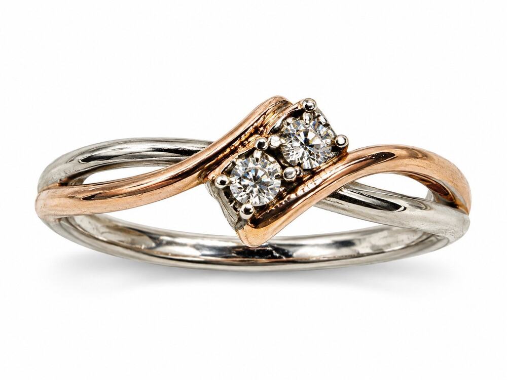925 Sterling Silver & 14K Rose Gold Plated Part Diamond Ring Size 7